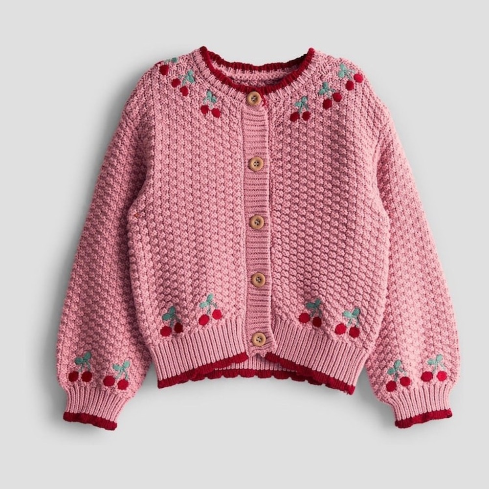 JoJo Maman Bébé Pink Cherry Textured Knit Embroidered Cardigan 6-7Y
